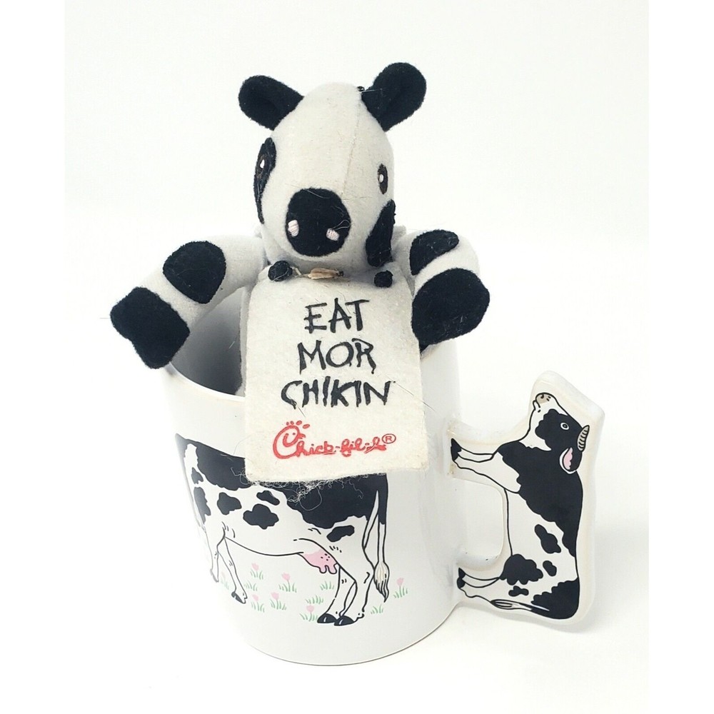 Vintage CHICK-FIL-A Cow Eat Mor Chikin' Small Cute Plush with Holstein Mug
